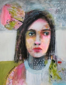 Original Painting Art Abstract Face Expressionist Woman Portrait 14x11 - Picture 1 of 9