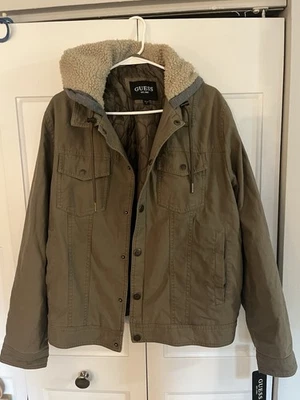 GUESS Men’s Sherpa Hooded Olive Jacket XL Quilted Lining Full Zip NWT - Image 1 of 4