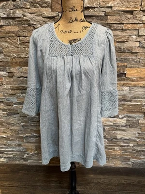 Monoreno Boho Flowy Tunic Blouse Top Sage Green Crochet Peasant Medium - Image 1 of 4