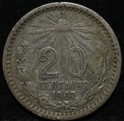 Mexico 20 centavos 1907 old antique silver coin toned curved 7 New Orleans Mint - Image 1 of 2
