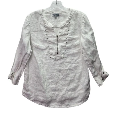 JM Collection Linen Top Women's S White Studded Zip Front Blouse Roll Tab Sleeve - Image 1 of 4