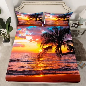 Strand Sonnenuntergang Bettwäsche, Tropische Palme Spannbetttuch Twin Size, Meer Ozean B... - Bild 1 von 6