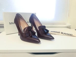 Manolo Blahnik Quaste Halbschuh Burgunder Leder 4" High Heels Pumps Schuhe 39,5/9 - Bild 1 von 12