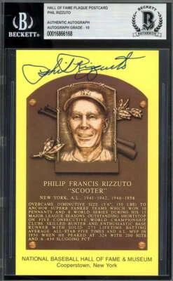 Phil Rizzuto Gem Mint 10 Beckett BAS Signed Gold HoF Plaque Postcard Autograph - Image 1 of 2
