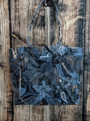Bolsa tote de praia Victoria's Secret rosa transparente floral azul + bolsa azul - Imagem 1 de 4