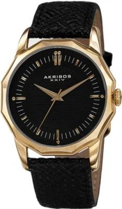 Akribos XXIV AK825YGB Dodecagon Shaped Bezel Goldtone Case Black Mens Watch - Picture 1 of 5