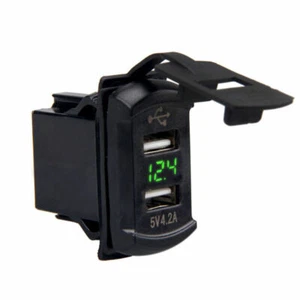 2 Port USB Car Boat Socket Rocker Switch Panel w/ Green LED Voltage Voltmeter - Zdjęcie 1 z 8