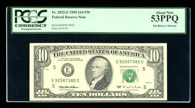 DBR 1995 $10 FRN Richmond Fr. 2032-E PCGS 53 PPQ Serial E92567382C - Image 1 of 2