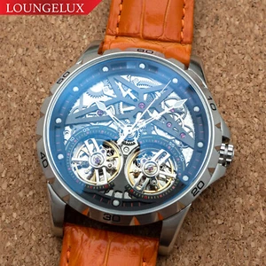 Mens Silver Double Flywheel Skeleton Automatic Mechanical Watch Orange Leather - Picture 1 of 12