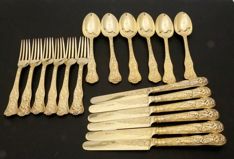 English Sterling Gilt STAG HUNT 18 Piece Dessert Set GOLDSMITHS & SILVERSMITHS Cover