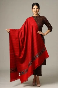 Handmade Kashmiri Weave Pure Wool Shawl Indian Reversible Red Meditation Blanket - Picture 1 of 8