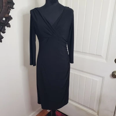 Ralph Lauren Size 10 Black V-Neck Ruched Slinky Stretchy Dress Long Sleeve - Image 1 of 4