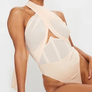 PrettyLittleThing Nude Chiffon Halterneck Underbust Corset Detail Bodysuit 8 - Picture 1 of 10