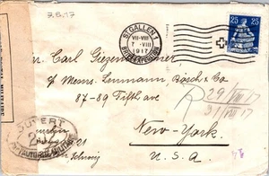 SWITZERLAND 1917 WWI POSTAL HISTORY MILITARY CENSORED COVER TO USA CANC STGALLEN - Picture 1 of 2