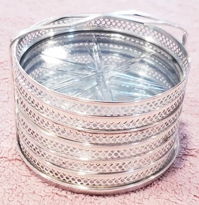 6 Webster & Co. Sterling Silver & Cut Glass Starburst Coasters in Sterling Caddy - Picture 1 of 11