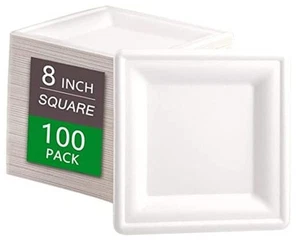 SUT 8-Inch Compostable Paper Plates, 100 PCS Square Biodegradable Bagasse - Picture 1 of 7
