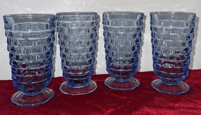 Indiana Blue Whitehall Cubist Footed Water Glasses Ice Tea Tumblers 6" Tall (4) Foto 1 de 3