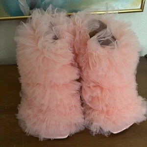Azalea Wang Meticulously Tulle Tutu Stiletto Bootie Baby Pink Heels Open Toe 7 - Picture 1 of 11