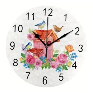 Wall Clock PVC Non Ticking Silent Round Farmhouse Bird Flower Watercolor - Picture 1 of 7