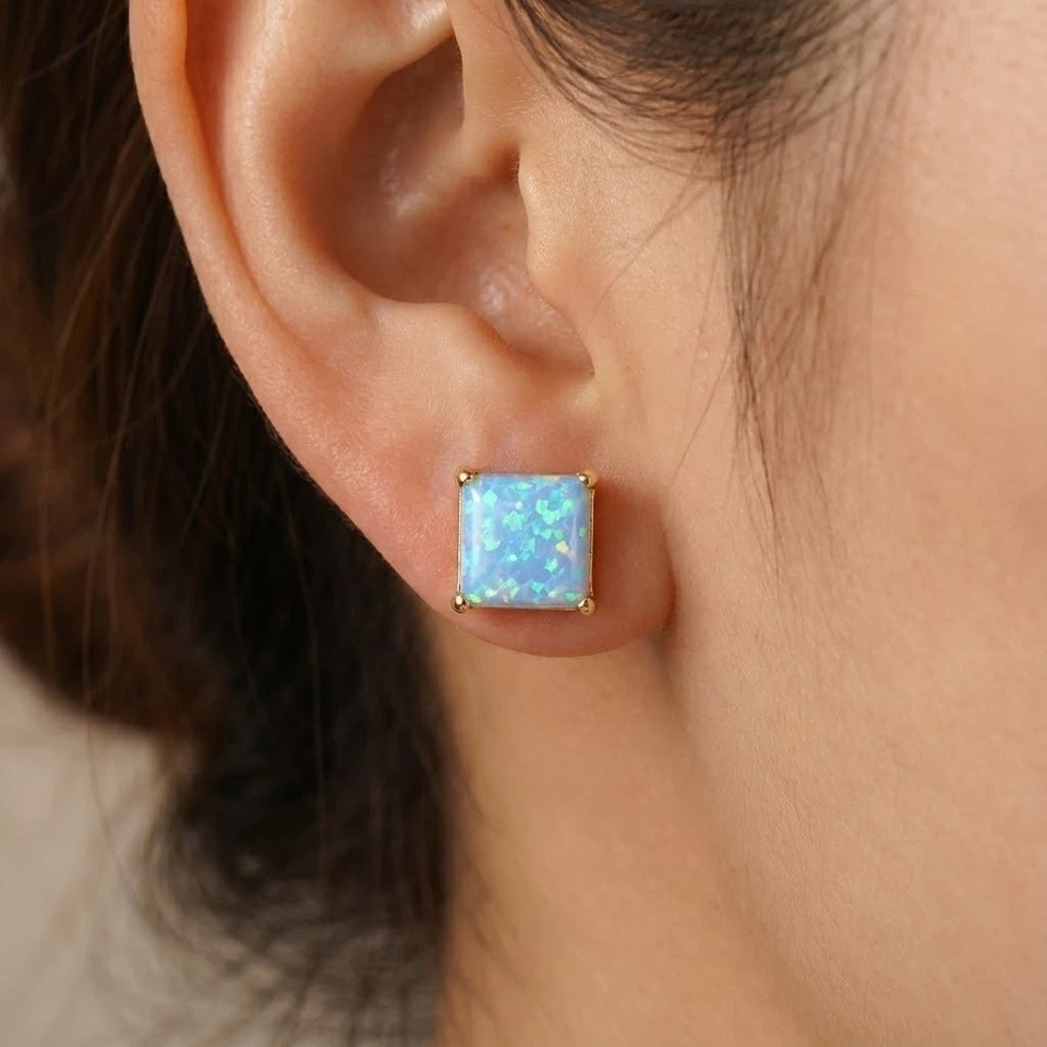 Aretes cuadrados de ópalo creados en laboratorio de oro macizo de 14K fuego push hacia atrás todos los tamaños Foto 1 de 1
