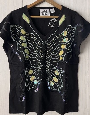 Винтажный Storybook вязаный бабочка свитер Sz M черный бисером блестки новый из старых запасов - Изображение 1 из 4