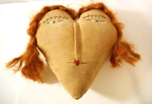 Primitive Handmade Cloth Heart Shaped Ladies Face Red Hair OOAK Folk Art Craft - Picture 1 of 4