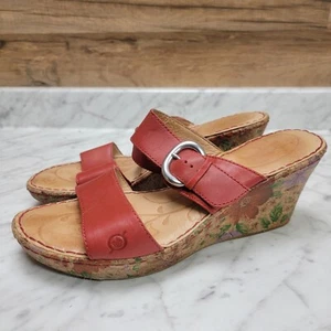 Women's sz 11 M Born Sea Red Leather Painted Cork Wedge High Heel Sandals Slide - Picture 1 of 13