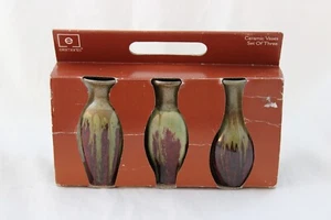 Set 3 Drip Glaze Ceramic Bud Vases Tan Brown Burgundy Art Elements Red Volcano - Picture 1 of 16