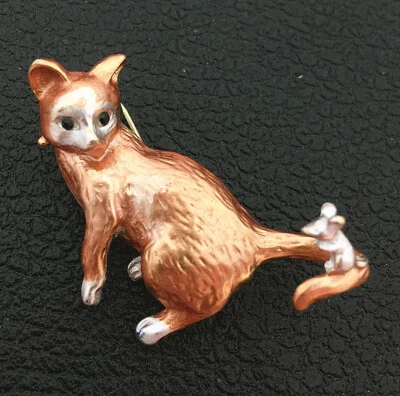 Женская коричневая/желтая/синяя эмалированная брошь на булавке с кошкой мышью - Изображение 1 из 3