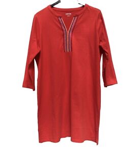 Lands End Jersey Dress Size L 16-18 Long Sleeved Long Line Top Embroidery Red