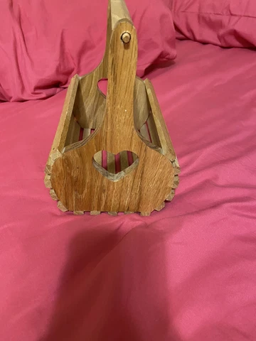 Vintage 1980s Wooden Basket With Heart Cutouts Cover