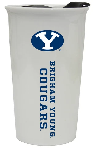 BYU COUGARS 12OZ CERAMIC TUMBLER-BRIGHAM YOUNG UNIVERSITY TRAVEL MUG w/ LID Cover