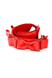 Chanel Women Patent Leather Bow Detail Belt Red Size 34