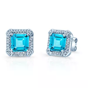 Asscher Schnitt Blau Topas Diamant Ohrstecker 14K Weiss Gold Quadrat Natürlich - Bild 1 von 2