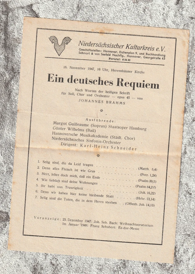Niedersächs. Kulturkreis Hannover  Flugblatt Konzert  Ein deutsches Requiem 1947 - Bild 1 von 1