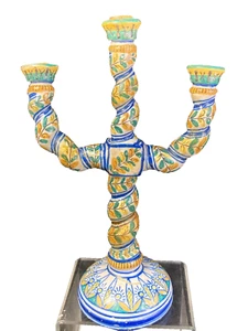 Candelabro antico colorato dipinto a mano italiano o spagnolo a 3 candele, riparato - Foto 1 di 12