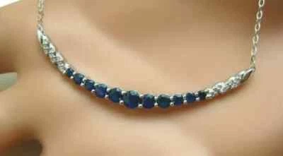 1Ct Round Cut Natural Blue Sapphire Bar Pendant 14K White Gold Plated 18" Chain - Image 1 of 4