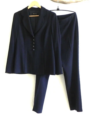 Traje Pantalón Escada Azul Marino Mezcla Lana Clara Pequeño Volantes Talla 40 (US 10) Foto 1 de 4