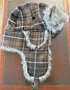 Brown Plaid Trapper Hat w/ Faux Fur Trim One Size - Picture 1 of 11