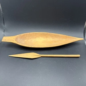 Vintage Hand Carved Miniature Canoe - Solid Wood Hand Carved Wood Canoe Signed - Picture 1 of 6