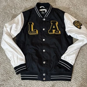 Hollister Jacket Mens Medium Varsity Bomber Los Angeles LA Patch Black White - Picture 1 of 6
