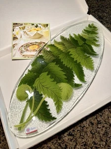 Signed Peggy Karr Glass 19+” Oval Platter Plate Tropical Leaves Fern Org Sticker - Picture 1 of 19