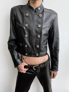 Vintage Bellizzi Damen Schwarz Leder Militär Napoleon Jacke Zweireiher - Bild 1 von 16