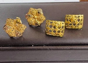 NEW 21K 875 Real Gold Flower Earring & 22K Rectangle Earring 5.5g Set of Two - Picture 1 of 24
