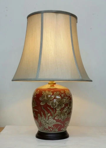 Large 52cm Chinese Style Rich Red & Gold Ceramic Table Buffet Lamp Light w Shade - Image 1 of 1
