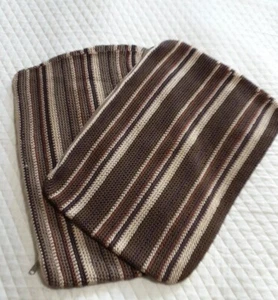 2 Vintage Knit Crochet Pillow Cover Brown Stripes Grandpacore Retro 19x14" MCM - Picture 1 of 6