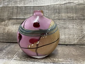 Mundgeblasene Kunstglas Vase Crackled Glass rosa grün mit schwarzem Band Sammlerstück - Bild 1 von 13