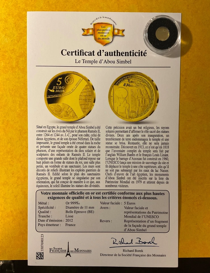 5 EURO 2012 LE TEMPLE D’ABOU SIMBEL PATRIMOINE MONDIAL UNESCO MONNAIE OR FRANCE - Photo 1/3