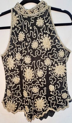 Raro Top Halter Vintage Laurence Kazar Negro Seda Cuentas con Oro y Plata L Foto 1 de 4