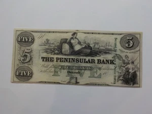 Currency Note 1800s 5 Dollar Bill The Peninsular Bank Detroit Michigan Money VTG - Picture 1 of 2